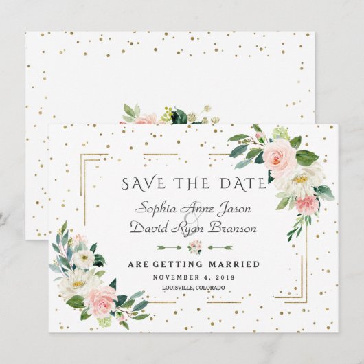 Luxury Pink Flowers Gold Lijst Confetti Wedding Save The Date (Voorkant / Achterkant)