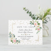 Luxury Pink Flowers Gold Lijst Confetti Wedding Save The Date (Staand voorkant)