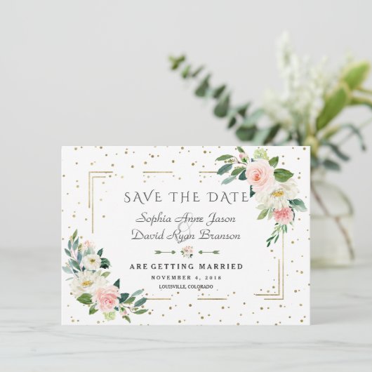 Luxury Pink Flowers Gold Lijst Confetti Wedding Save The Date (Staand voorkant)