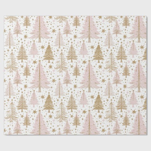 Luxury Pink & Gold Christmas Tree Pattern Holiday Cadeaupapier (Vlak)