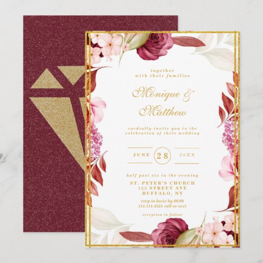 Luxury Pink Gold Peony Glitter Typography Wedding Kaart (Voorkant / Achterkant)