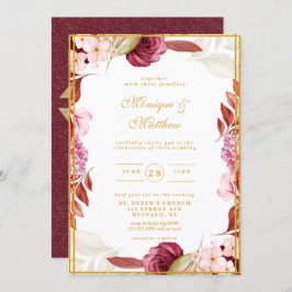 Luxury Pink Gold Peony Glitter Typography Wedding Kaart
