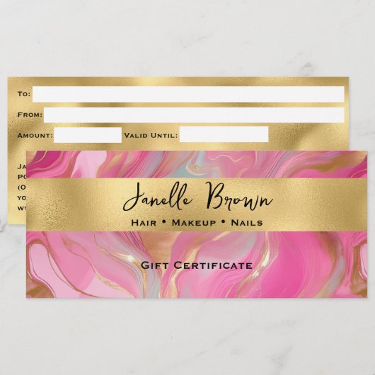 Luxury Pink Marble and Gold Gift Certificate Card Kaart (Voorkant / Achterkant)