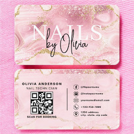 Luxury Pink Marble Nail Tech Branding Visitekaartje