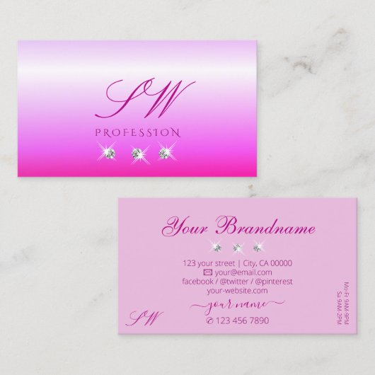 Luxury Pink Ombre Sparging Diamonds Monogram Luxe Visitekaartje (Voorkant / Achterkant)