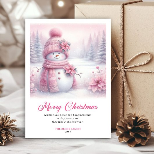 Luxury Pink Snowman Kids Editable Christmas Cards Feestdagenkaart