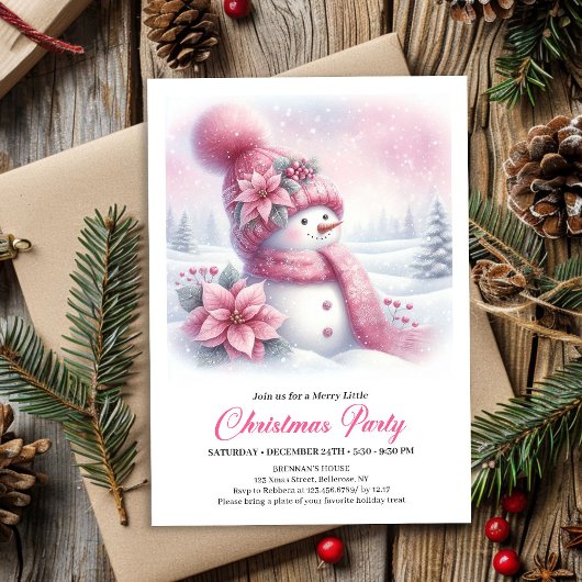 Luxury Pink Snowman Kids Editable Christmas Invite Kaart
