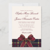 Luxury plaid Burgundy Bow Winter Photo Wedding Kaart (Voorkant)