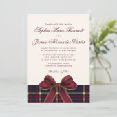 Luxury plaid Burgundy Bow Winter Photo Wedding Kaart (Staand voorkant)