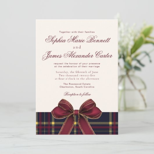 Luxury plaid Burgundy Bow Winter Photo Wedding Kaart (Staand voorkant)