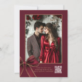 Luxury plaid Burgundy Bow Winter Photo Wedding Kaart (Achterkant)