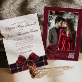 Luxury plaid Burgundy Bow Winter Photo Wedding Kaart
