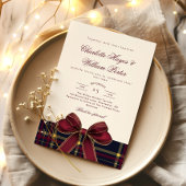 Luxury plaid Burgundy Bow Winter Weddding Kaart