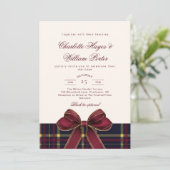 Luxury plaid Burgundy Bow Winter Weddding Kaart (Staand voorkant)