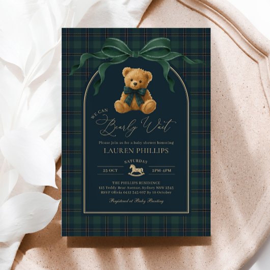 Luxury Plaid Teddy Bear Boy Baby Shower Kaart