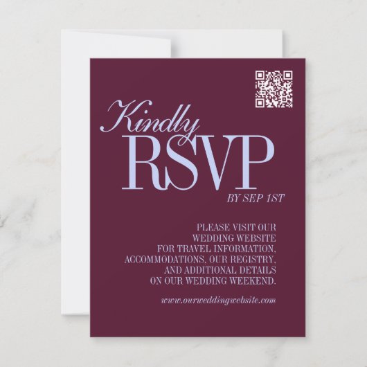 Luxury Plum and Periwinkle QR Code Formal Wedding RSVP Kaartje (Voorkant)