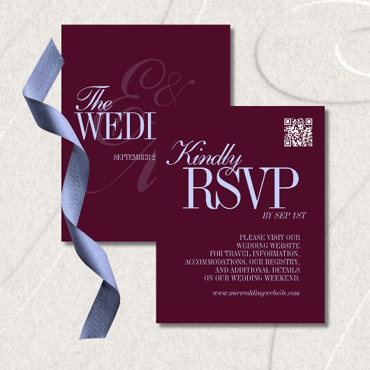 Luxury Plum and Periwinkle QR Code Formal Wedding RSVP Kaartje