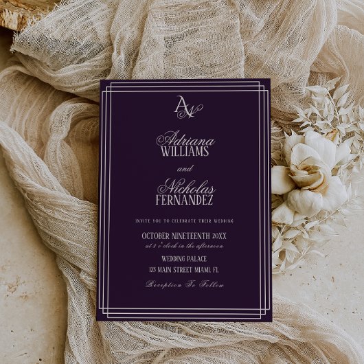 Luxury Plum Monogram Wedding Kaart
