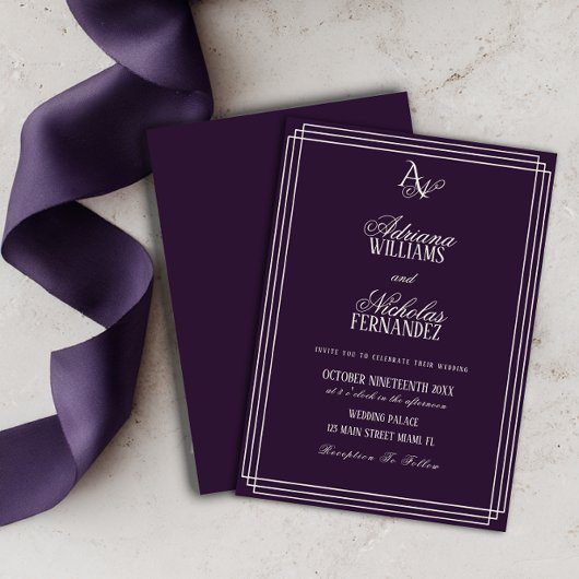 Luxury Plum Monogram Wedding Kaart