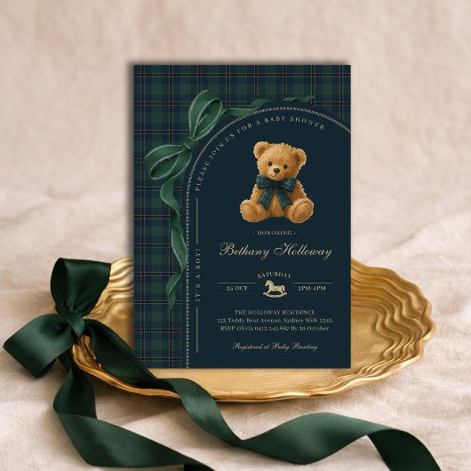 Luxury Polo Plaid Teddy Bear Boy Baby Shower Kaart