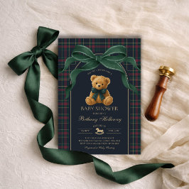 Luxury Polo Teddy Bear Green Bow Plaid Baby Shower Kaart