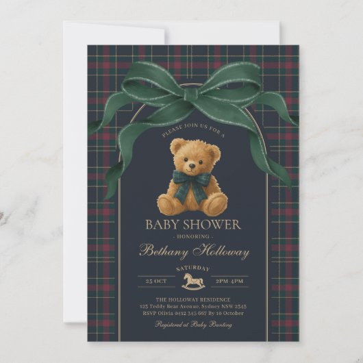 Luxury Polo Teddy Bear Green Bow Plaid Baby Shower Kaart (Voorkant)