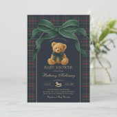Luxury Polo Teddy Bear Green Bow Plaid Baby Shower Kaart (Staand voorkant)