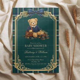 Luxury Preppy Teddy Bear Plaid Baby Shower  Kaart
