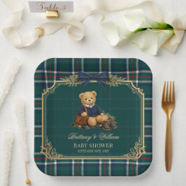 Luxury Preppy Teddy Bear Plaid Baby Shower  Papieren Bordje