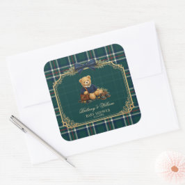 Luxury Preppy Teddy Bear Plaid Baby Shower  Vierkante Sticker