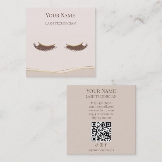 Luxury QR code Beige and Gold Lash Technician Vierkante Visitekaartje (Voorkant / Achterkant)