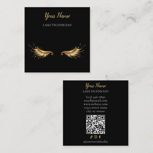 Luxury QR code Black and Gold Lash Technician Busi Vierkante Visitekaartje (Voorkant / Achterkant)