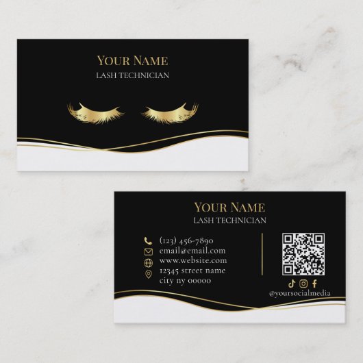 Luxury QR code Black and Gold Lash Technician Visitekaartje (Voorkant / Achterkant)