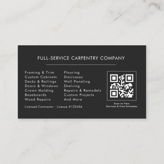Luxury QR Code Carpenter Carpentry Black Silver Visitekaartje (Achterkant)