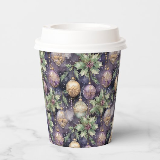 Luxury Radiance: Paarse en gouden kerstsprando Papieren Bekers (Achterkant)