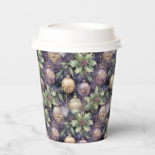 Luxury Radiance: Paarse en gouden kerstsprando Papieren Bekers (Voorkant)