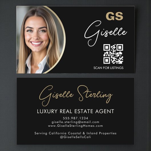 Luxury Real Estate Agent QR Code Black Gold Photo Visitekaartje