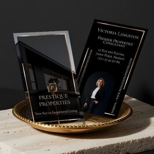 Luxury Real Estate Black Gold Photo Monogram Visitekaartje