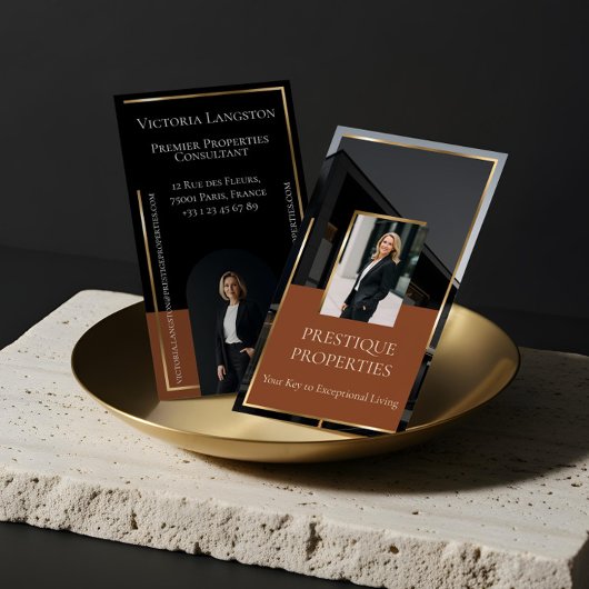 Luxury Real Estate Black Gold Photo Monogram Visitekaartje