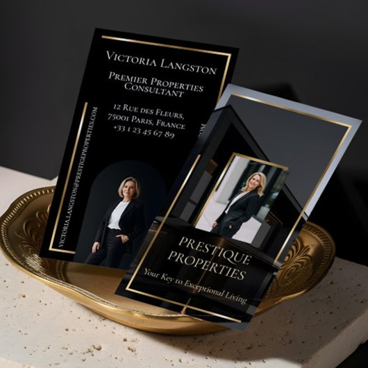 Luxury Real Estate Black Gold Photo Monogram Visitekaartje