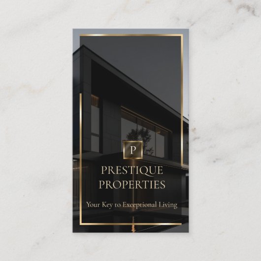 Luxury Real Estate Black Gold Photo Monogram Visitekaartje (Voorkant)