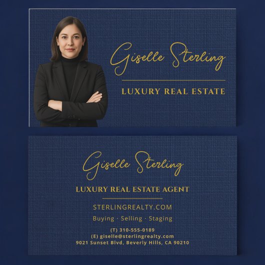 Luxury Real Estate Navy Blue Gold Linen Visitekaartje