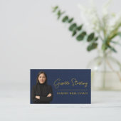Luxury Real Estate Navy Blue Gold Linen Visitekaartje (Staand voorkant)