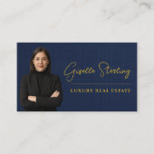 Luxury Real Estate Navy Blue Gold Linen Visitekaartje (Voorkant)