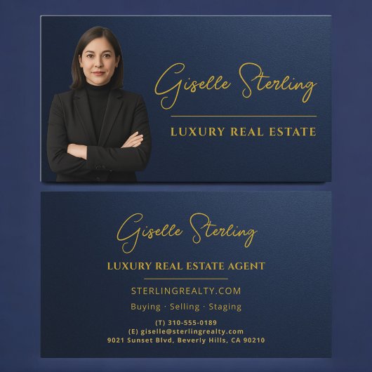 Luxury Real Estate Navy Blue Gold Metallic Visitekaartje