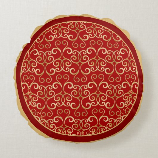 LUXURY RED AND GOLD CHRISTMAS DAMASK PERSONALIZED ROND KUSSEN (Voorkant)