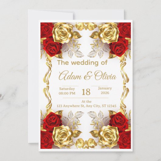 Luxury Red and Gold Floral Wedding Invitation Kaart (Voorkant)