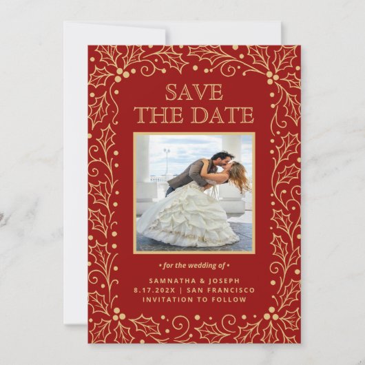 Luxury Red & Antique-Gold Photo Save The Date (Voorkant)