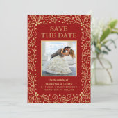 Luxury Red & Antique-Gold Photo Save The Date (Staand voorkant)