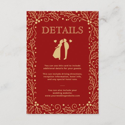 Luxury Red & Antique Gold Wedding Guest Details Informatiekaartje (Voorkant)